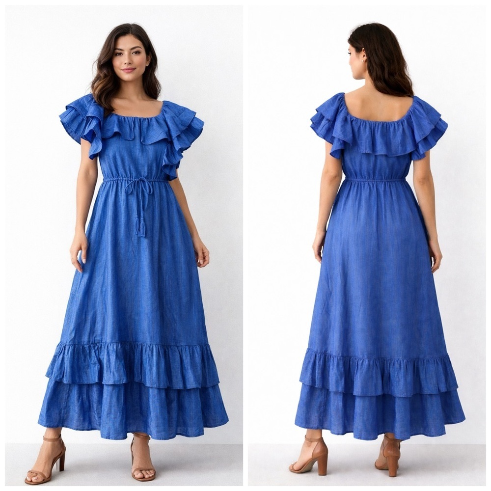 MILLE Travel & Resort NEW Flounce Ruffle Blue 100% Linen Midi Dress​​​
